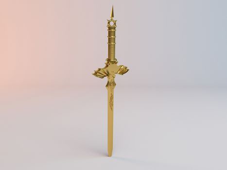 Fantasy detailed 3d Golden sword in a white stage.