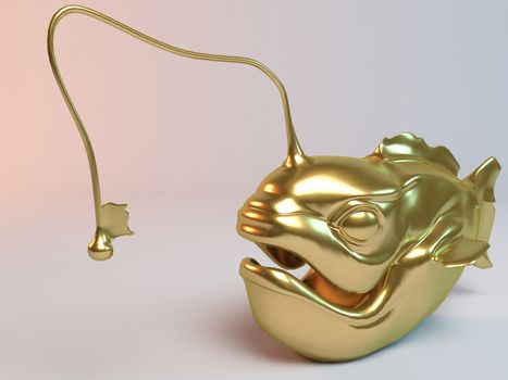 Golden 3D animal fish inside a stage with high render quality to be used as a logo, medal, symbol, shape, emblem, icon, business, geometric, label or any other use