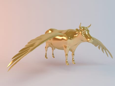 Golden 3D flying animal cow inside a stage with high render quality to be used as a logo, medal, symbol, shape, emblem, icon, business, geometric, label or any other use