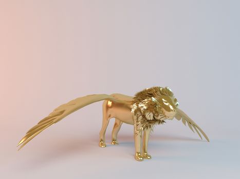 Golden 3D flying animal lion inside a stage with high render quality to be used as a logo, medal, symbol, shape, emblem, icon, business, geometric, label or any other use