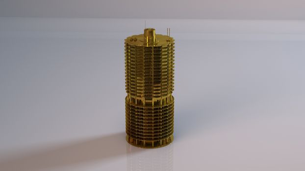 Golden 3D object (detailed tower) inside a white reflected stage with high render quality to be used as a logo, medal, symbol, shape, emblem, icon, business, geometric, label or any other use