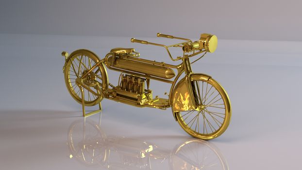 Golden 3D object (strange motor- bike) inside a white reflected stage with high render quality to be used as a logo, medal, symbol, shape, emblem, icon, business, geometric, label or any other use