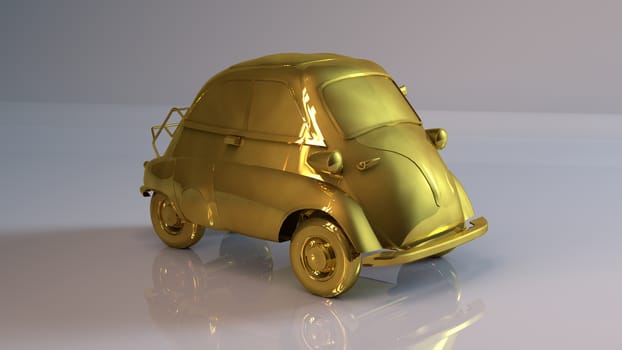 Golden 3D object (cartoon car) inside a white reflected stage with high render quality to be used as a logo, medal, symbol, shape, emblem, icon, business, geometric, label or any other use