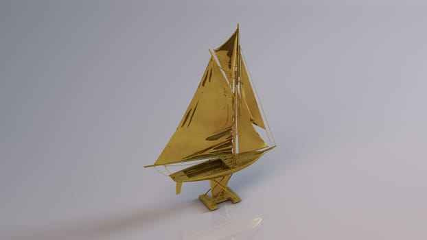 Golden 3D object (sailboat) inside a white reflected stage with high render quality to be used as a logo, medal, symbol, shape, emblem, icon, business, geometric, label or any other use