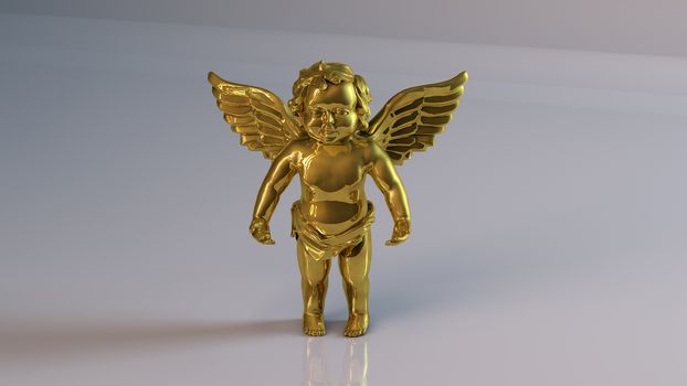 Golden 3D object (Cupid and Venus) inside a white reflected stage with high render quality to be used as a logo, medal, symbol, shape, emblem, icon, business, geometric, label or any other use