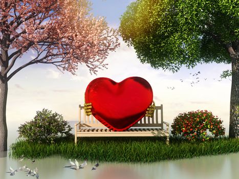 3D Valentin  view for love and romance with heart shape, beautiful summer and spring trees and some birds.