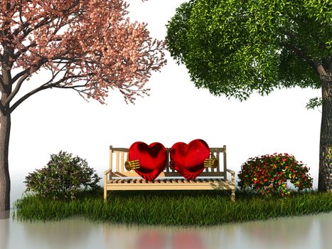 3D valentine view for love and romance isolated on a white background with beautiful summer and spring trees.