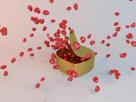 3d present golden box and hearts particles in a white 3d stage