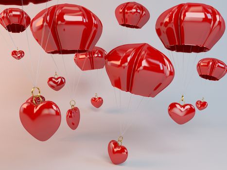 3d hearts and parachute falling from the sky for valentine day lovers