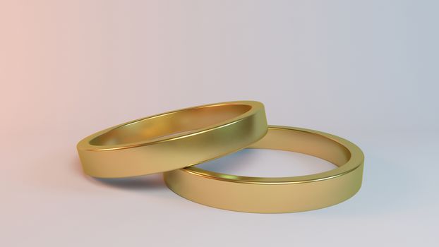 Couple of gold wedding rings on white background inside a 3d stage