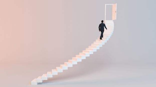 3D character goes on the stairs to reach the goal or arrive to his destination