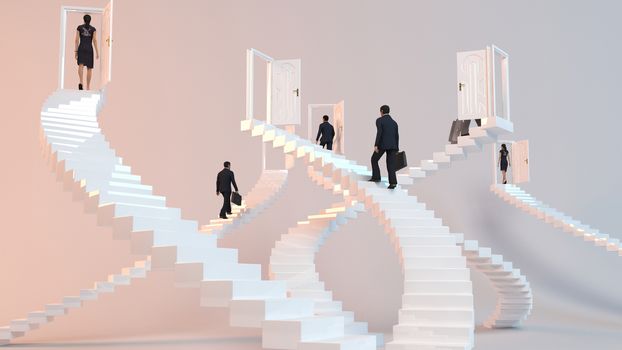 3D character goes on the stairs to reach the goal or arrive to his destination