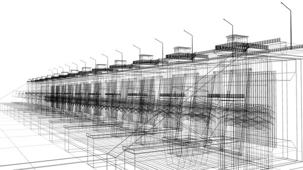 Perspective 3D render of building wireframe. blueprint background.