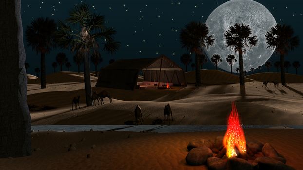 Dreamy night desert with camels, full moon, fire and Arabian tent