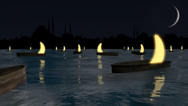 Night scene in the middle of the ocean with illuminated moons inside the boats.