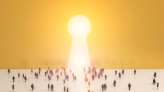 Group of tiny business men and women people walking into a gate shaped like a keyhole