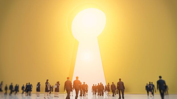 Group of tiny business men and women people walking into a gate shaped like a keyhole