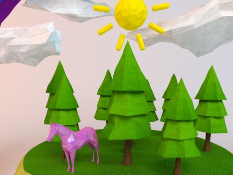 3d horse inside a low-poly green scene with sun, trees, clouds and a rainbow