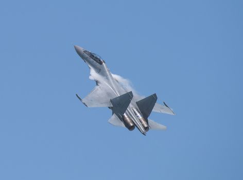 Singapore - February 16, 2016: Sukhoi Su‑30MKM from Royal Malaysian Air Force during its performance at Singapore Airshow at Changi Exhibition Centre in Singapore.