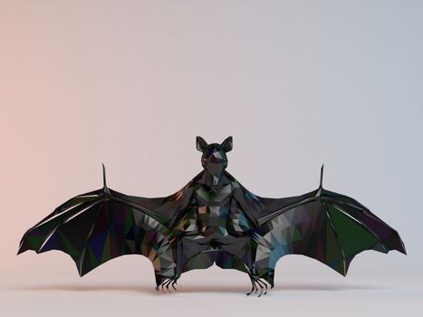 3D black low poly (bat) inside a white stage with high render quality to be used as a logo, medal, symbol, shape, emblem, icon, children story, or any other use.