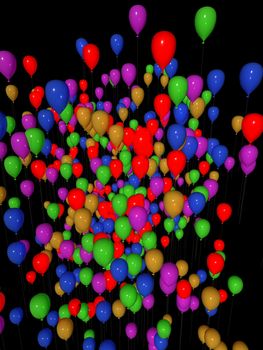 Several flying colored balloons rendered with different speed.