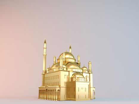 Golden 3D object (mosque) inside a white reflected stage with high render quality to be used as a logo, medal, symbol, shape, emblem, icon, business, geometric, label or any other use