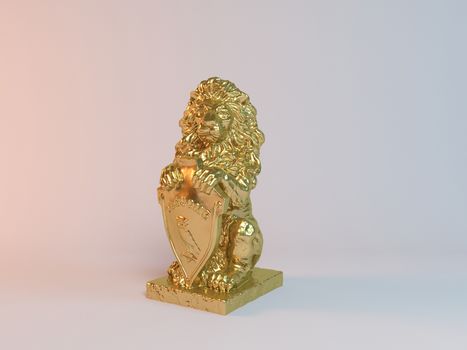 Golden statue of a lion 3D rendered isolated on white background 