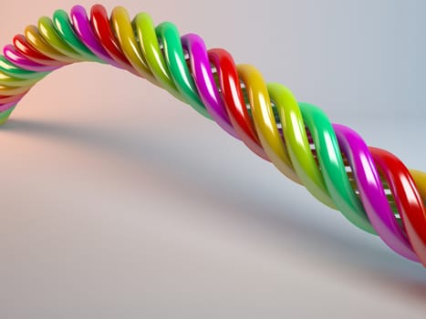 twisted multicolored plastic candy cables 3d render with reflection inside a white stage