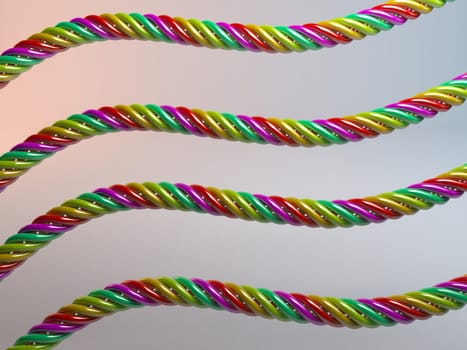 twisted multicolored plastic candy cables 3d render with reflection inside a white stage