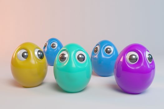 Scared reflected eggs characters with different colors and white background. funny eggs as a cartoon 3d characters isolated over white