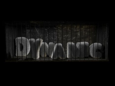 A fluffy word (dynamic) with white hair behind bars with black background.