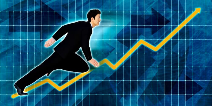 Chinese Businessman Running with Chart Graph Background Art