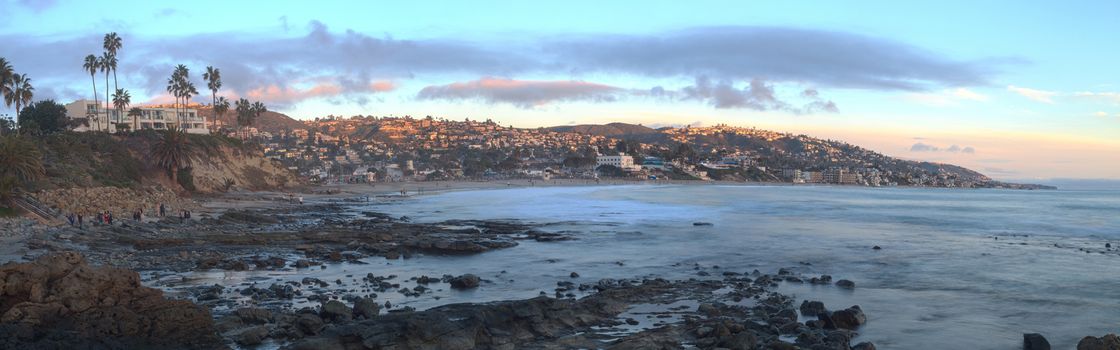 Panoramic sunset view of Main beach in Laguna Beach, Southern California, United States