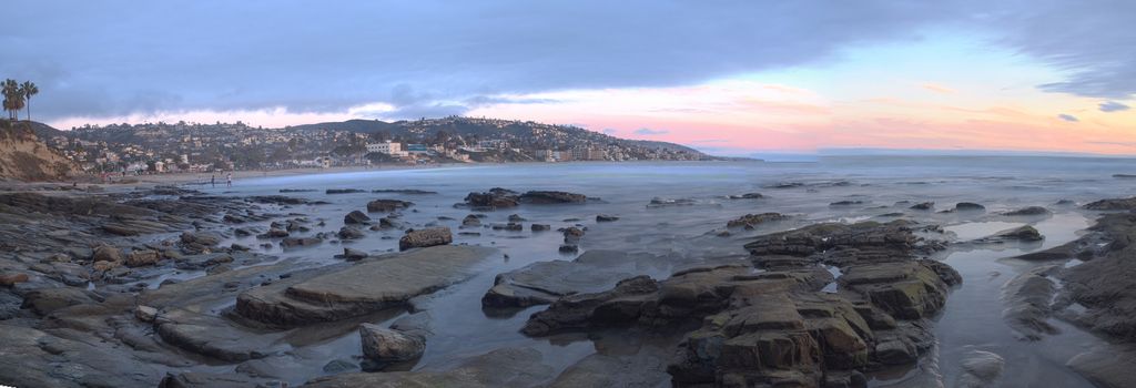 Panoramic sunset view of Main beach in Laguna Beach, Southern California, United States