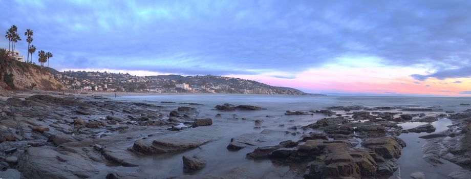 Panoramic sunset view of Main beach in Laguna Beach, Southern California, United States