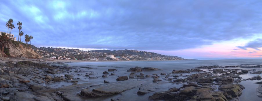 Panoramic sunset view of Main beach in Laguna Beach, Southern California, United States