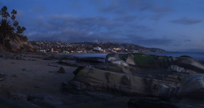 Panoramic sunset view of Main beach in Laguna Beach, Southern California, United States