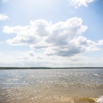 blue lake with cloudy sky, nature series