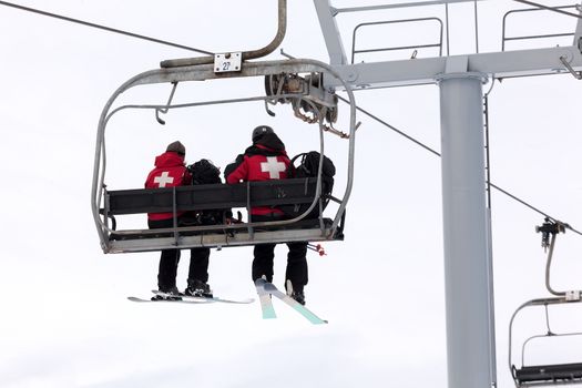 US Forest Service Rescue Crew Riding Ski Lift up to the Slopes of Mount Hood in Oregon