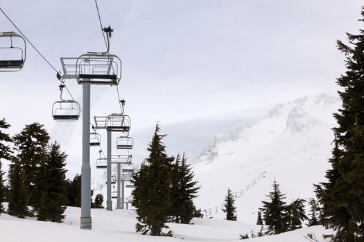 Ski Lifts up to the slope of Mount Hood Oregon during Winter Season