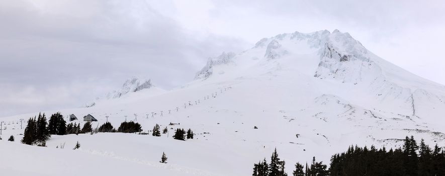 Ski Lift on the slope of Mount Hood Oregon during Winter Season Panorama
