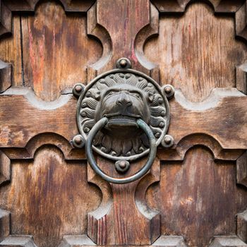 Antique door knocker shaped like lion's head.