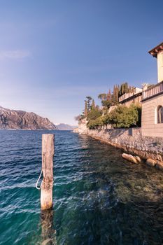 Panorama of Lake Garda (Italy) near the town of Malcesine called "the pearl of the lake".