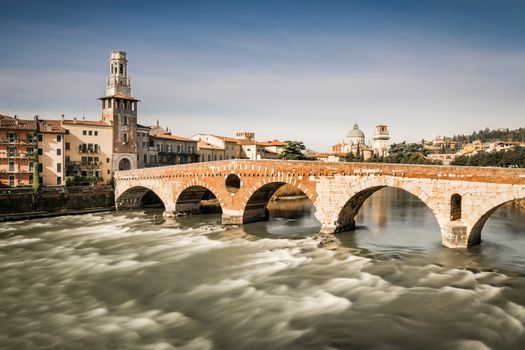 "Stone Bridge", the famous old bridge in Verona crosses the Adige river.