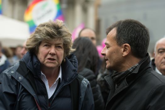 ITALY, Rome: CGIL general secretary Susanna Camusso and Italian left-wing politician Stefano Fassina are pictured during a demonstration held by LGBT associations to claim more rights in Rome, Italy on March 5, 2016.