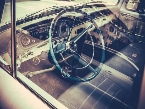 Retro Style Interior And Dashboard Of A Vintage American Car Or Truck