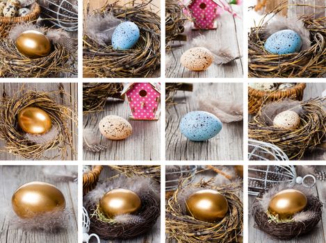 Set of easter egg, Golden in nest on vintage wooden background