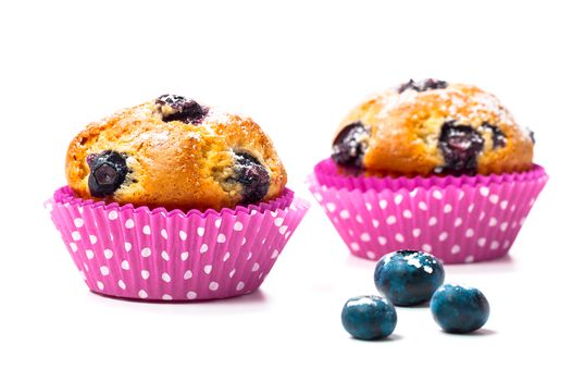 Blueberry muffins with berry on white background