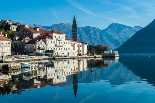 Beautiful Old town Perast and his reflection