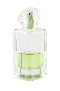 Half empty bottle of gree perfume isolated on white background with clipping path